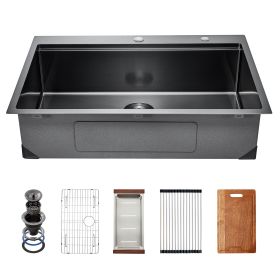 33 inch Kitchen Sink Workstation, 304 Stainless Steel Top Mount Sinks, Drop-In Single Bowl Farmhouse Basin with Ledge & Multiple Accessories